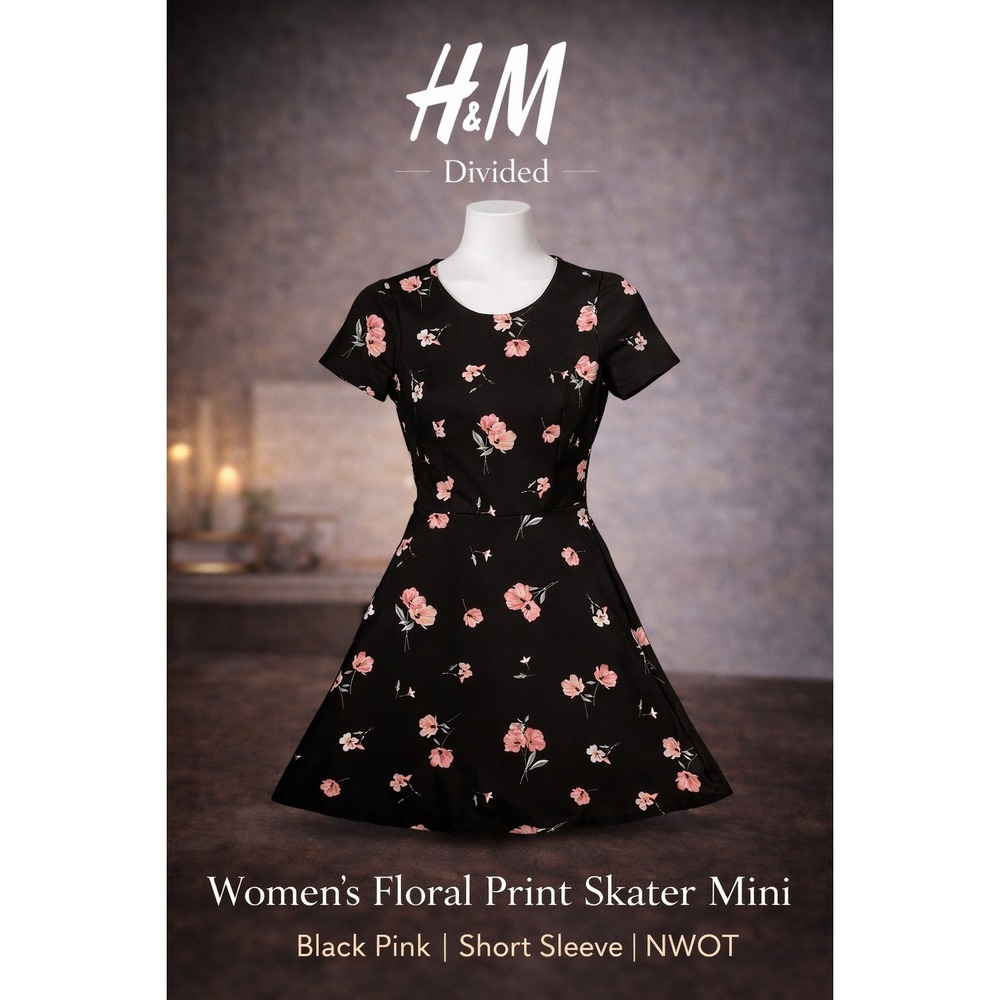 H&M Divided Women Black Pink Floral Skater Mini Dress Short Sleeve Size 0 NWOT‎